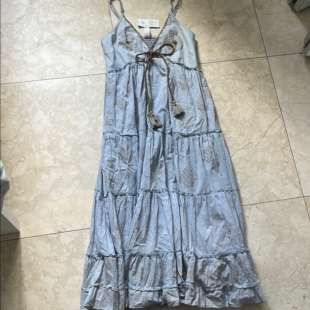 Light Blue Maxi Summer Sun Dress with Embroidered Details